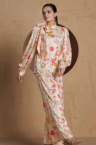 Elegant cream co-ord set with abstract floral and artistic print design