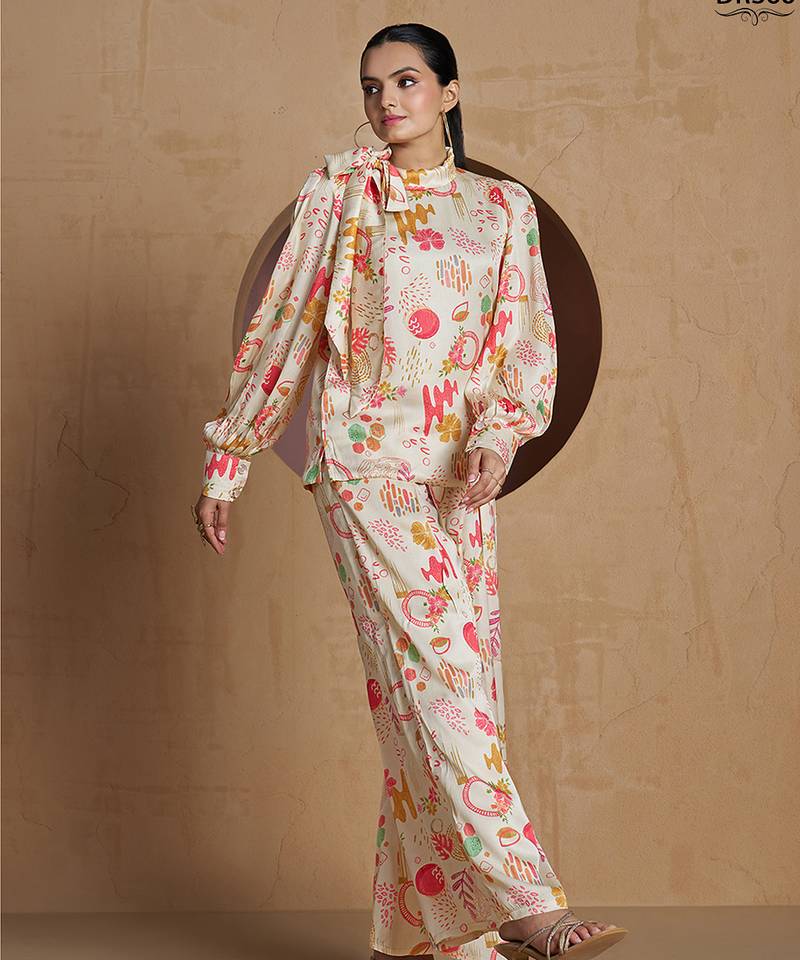 Elegant cream co-ord set with abstract floral and artistic print design