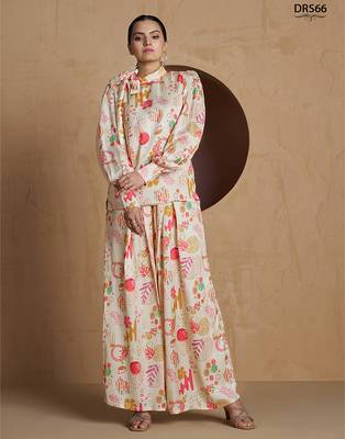 Elegant cream co-ord set with abstract floral and artistic print design 2