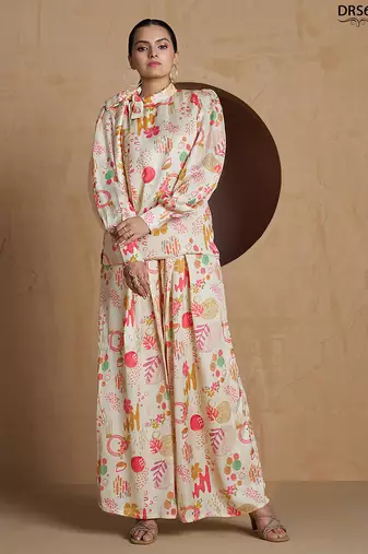 Elegant cream co-ord set with abstract floral and artistic print design