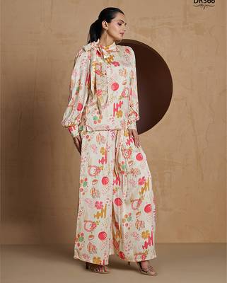 Elegant cream co-ord set with abstract floral and artistic print design 3