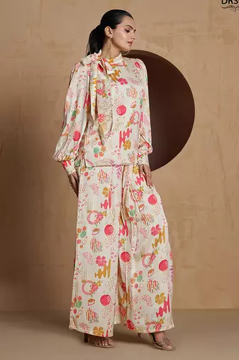 Elegant cream co-ord set with abstract floral and artistic print design