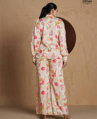 Elegant cream co-ord set with abstract floral and artistic print design 4