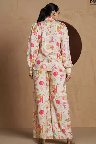 Elegant cream co-ord set with abstract floral and artistic print design