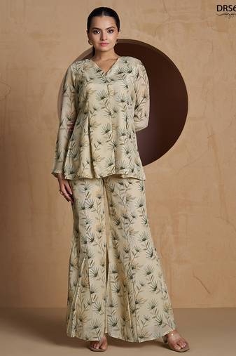 Elegant beige floral printed a-line top with flared palazzo co-ord set