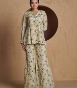 Elegant beige floral printed a-line top with flared palazzo co-ord set