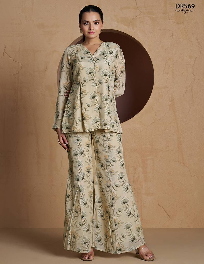 Elegant beige floral printed a-line top with flared palazzo co-ord set