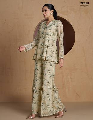 Elegant beige floral printed a-line top with flared palazzo co-ord set 2