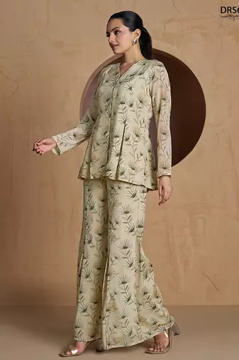 Elegant beige floral printed a-line top with flared palazzo co-ord set