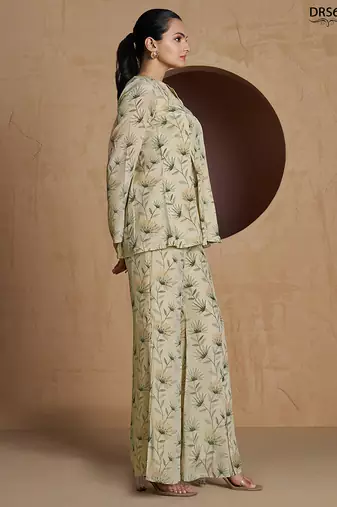 Elegant beige floral printed a-line top with flared palazzo co-ord set