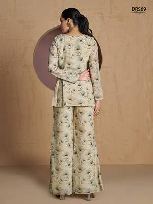 Elegant beige floral printed a-line top with flared palazzo co-ord set 4