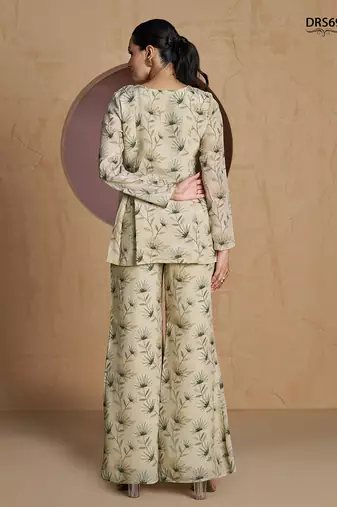 Elegant beige floral printed a-line top with flared palazzo co-ord set