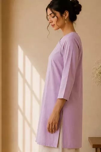 Lavender cotton plain casual kurta set for women