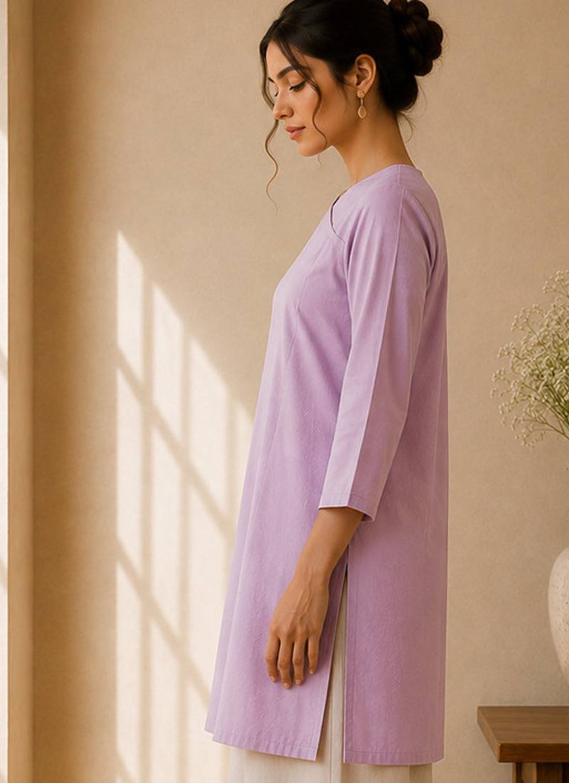 Lavender cotton plain casual kurta set for women