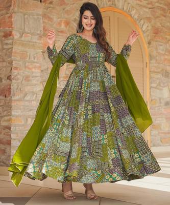 Green rayon digital print anarkali gown with dupatta set 1