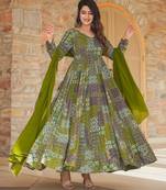 Green rayon digital print anarkali gown with dupatta set