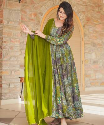 Green rayon digital print anarkali gown with dupatta set 2