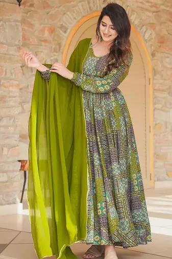 Green rayon digital print anarkali gown with dupatta set