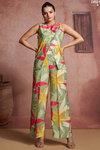 Elegant green muslin cord set with vibrant floral print