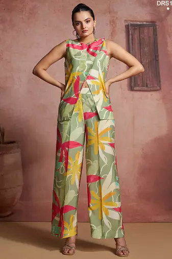 Elegant green muslin cord set with vibrant floral print