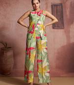 Elegant green muslin cord set with vibrant floral print