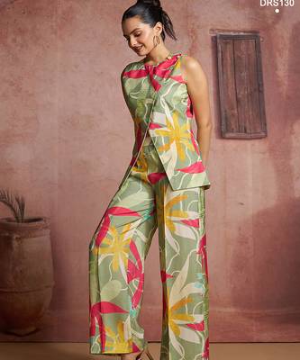 Elegant green muslin cord set with vibrant floral print 2