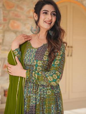 Green rayon digital print anarkali gown with dupatta set 3