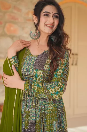 Green rayon digital print anarkali gown with dupatta set