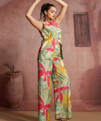 Elegant green muslin cord set with vibrant floral print 3