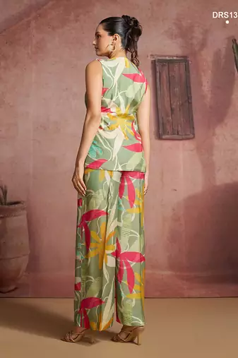 Elegant green muslin cord set with vibrant floral print