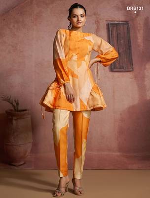 Abstract print pure muslin peplum tunic set with straight pants 1