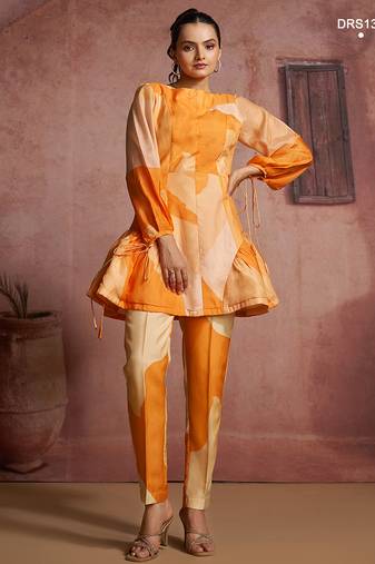 Abstract print pure muslin peplum tunic set with straight pants
