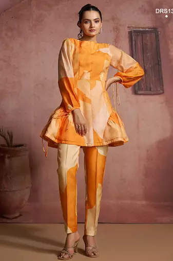 Abstract print pure muslin peplum tunic set with straight pants