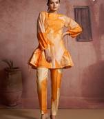 Abstract print pure muslin peplum tunic set with straight pants