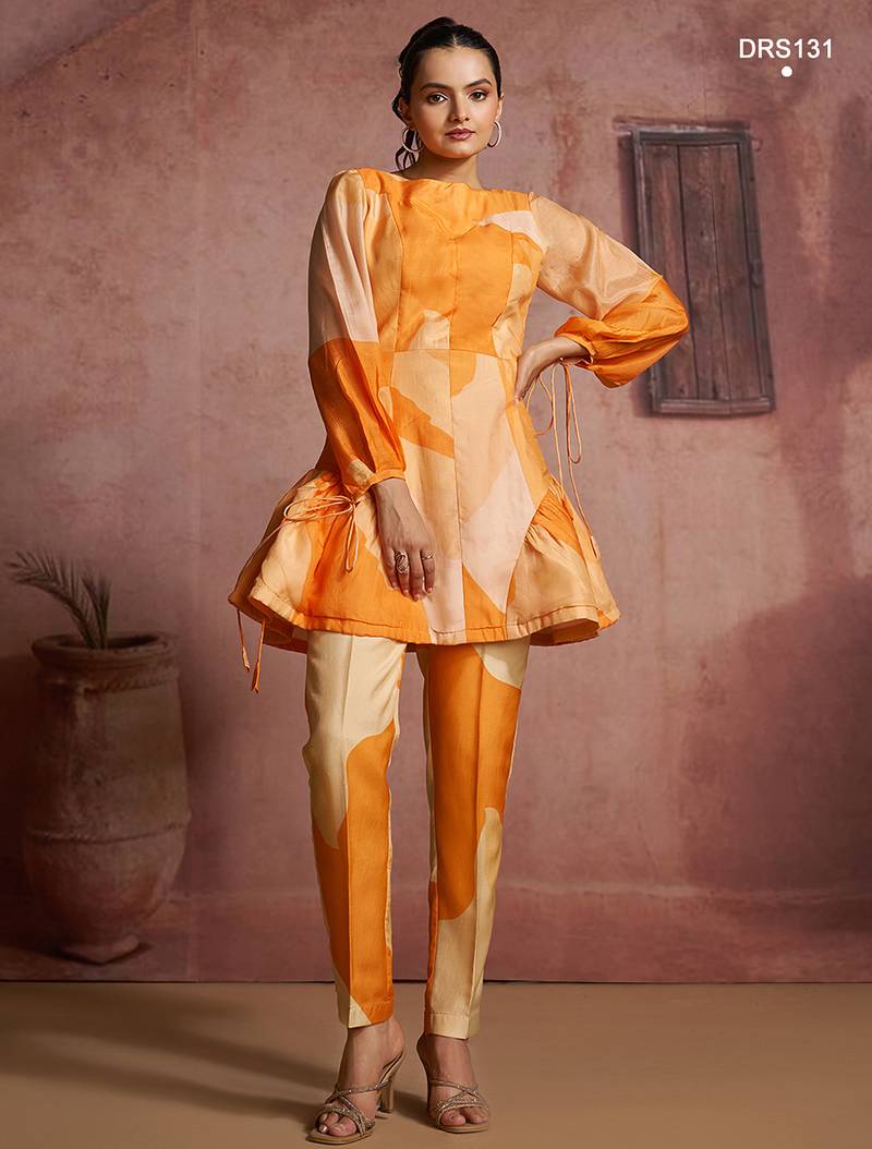 Abstract print pure muslin peplum tunic set with straight pants