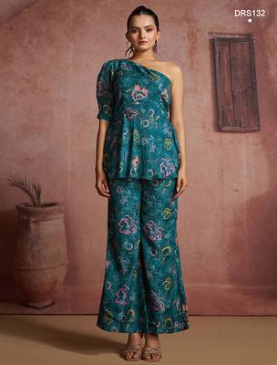 Teal floral one-shoulder peplum top and pants set 1