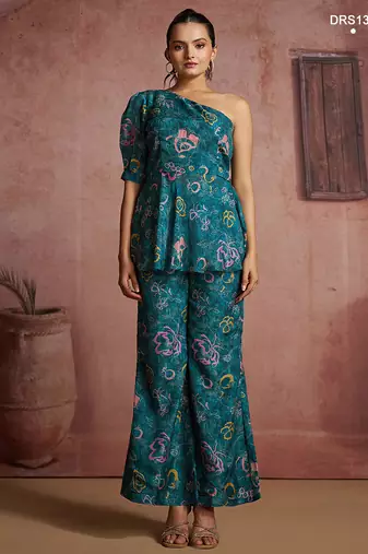 Teal floral one-shoulder peplum top and pants set