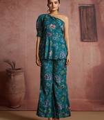 Teal floral one-shoulder peplum top and pants set