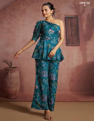 Teal floral one-shoulder peplum top and pants set 2