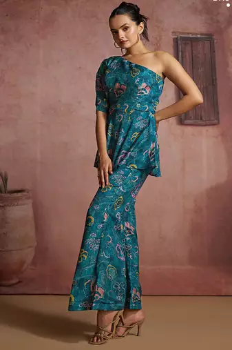 Teal floral one-shoulder peplum top and pants set