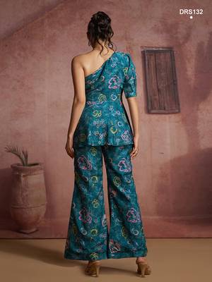 Teal floral one-shoulder peplum top and pants set 4