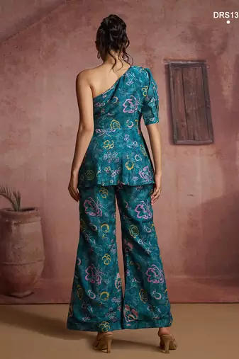 Teal floral one-shoulder peplum top and pants set