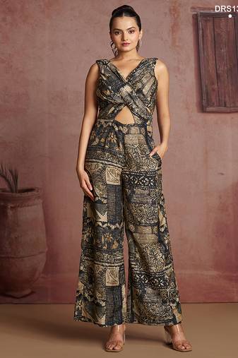 Elegant black printed muslin jumpsuit set