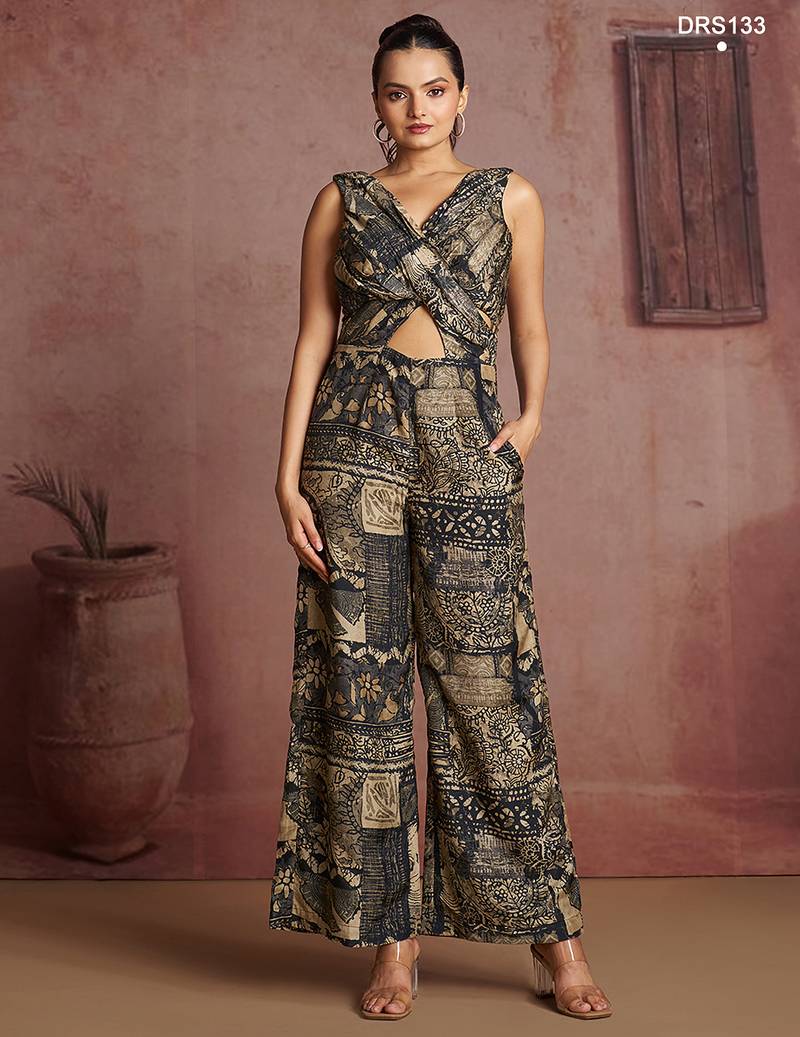 Elegant black printed muslin jumpsuit set