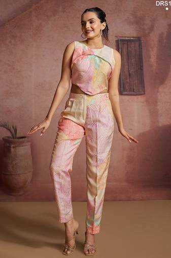 Trendy multi-colored printed co-ord set with unique asymmetrical crop top