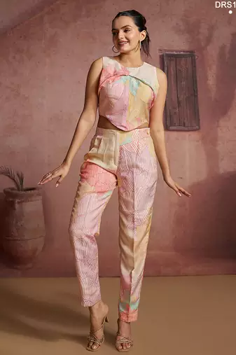 Trendy multi-colored printed co-ord set with unique asymmetrical crop top