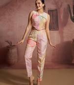 Trendy multi-colored printed co-ord set with unique asymmetrical crop top