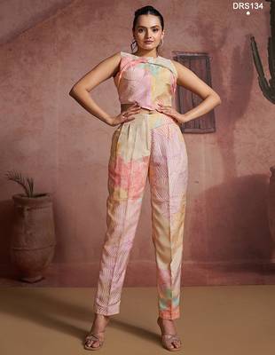 Trendy multi-colored printed co-ord set with unique asymmetrical crop top 2