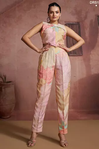 Trendy multi-colored printed co-ord set with unique asymmetrical crop top