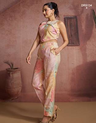 Trendy multi-colored printed co-ord set with unique asymmetrical crop top 3